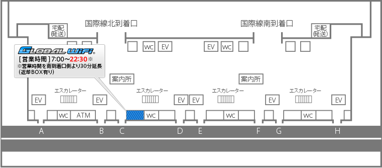 第1ターミナル(1F)グローバルWiFi返却カウンター北